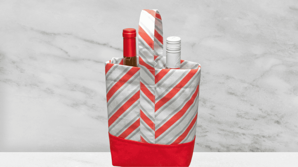 red and grey striped wine tote bag