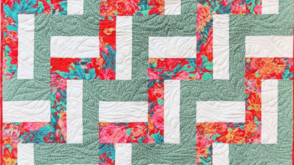 Rail fence quilts with green, red flowers and white