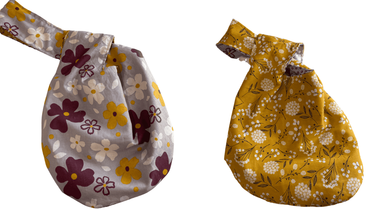 Reversible Japanese knot bag in purples and yellow