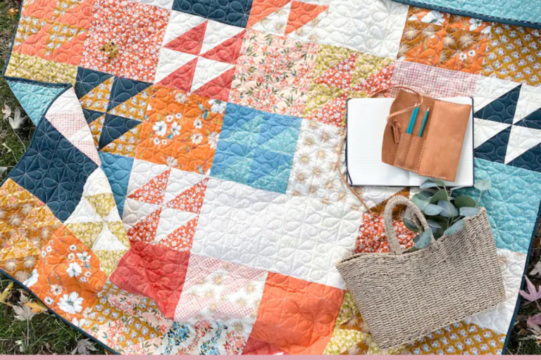 Half Triangle Square quilt patterns with oranges Blues and peaches